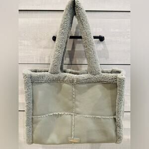 Like Dreams Sherpa Trim Faux Leather Tote Bag Greyish Sage
